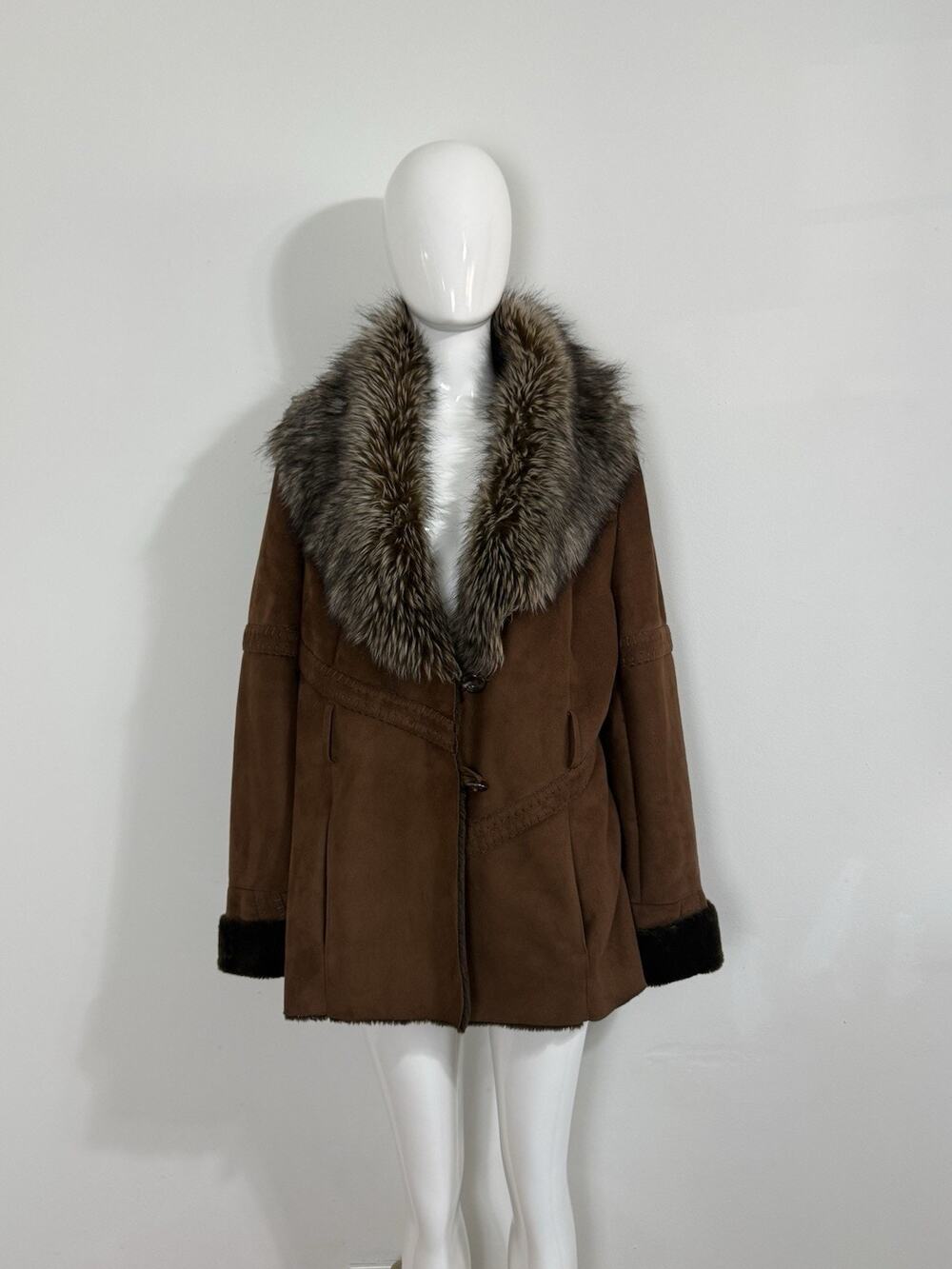 Y2K Neyelle Brown Faux Suede Jacket Faux Fur Collar Trim Penny Lane Coat Size L